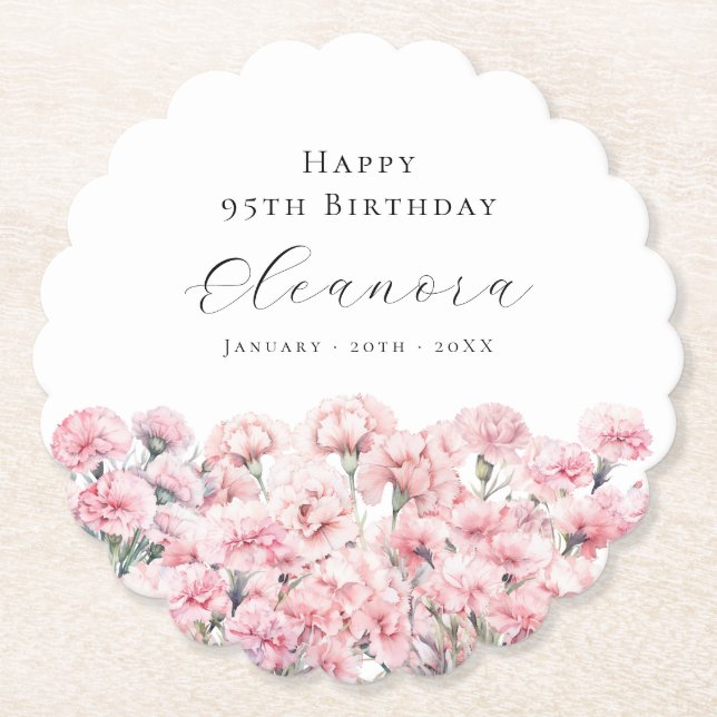 95th Birthday Pink Carnation January Birth Flower Paper Coaster (Front)