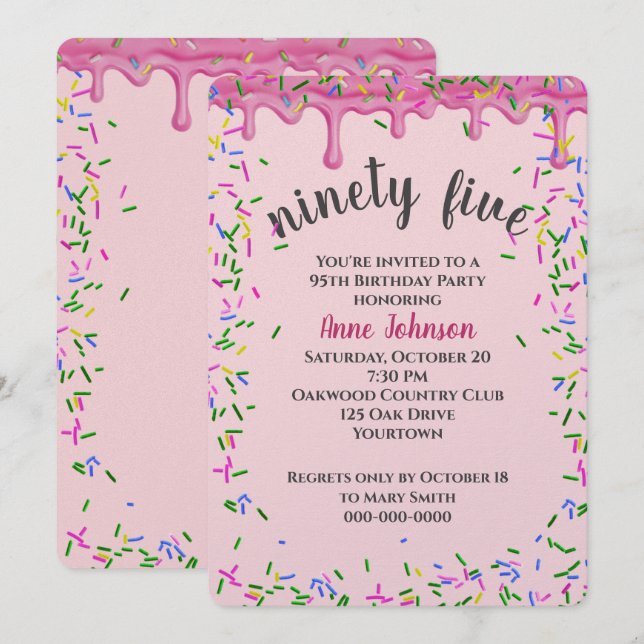95th Birthday Pink Icing And Sprinkles Invitation (Front/Back)