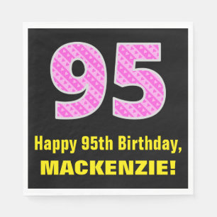 95th Birthday: Pink Stripes and Hearts "95" + Name Napkin