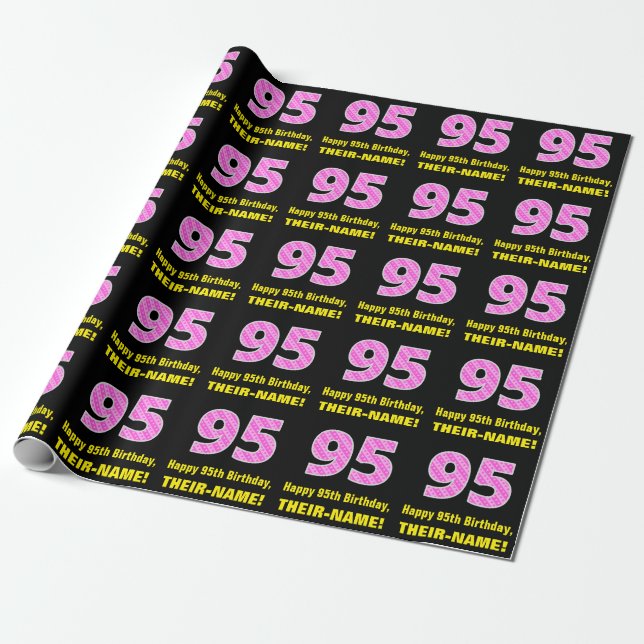 95th Birthday: Pink Stripes and Hearts "95" + Name Wrapping Paper (Unrolled)
