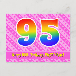 95th Birthday: Pink Stripes & Hearts, Rainbow 95 Postcard