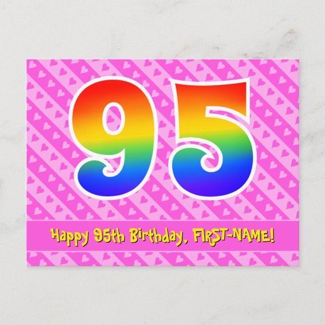 95th Birthday: Pink Stripes & Hearts, Rainbow 95 Postcard (Front)