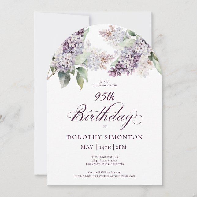 95th Birthday Purple Spring Lilac Flower Arch Invitation (Front)