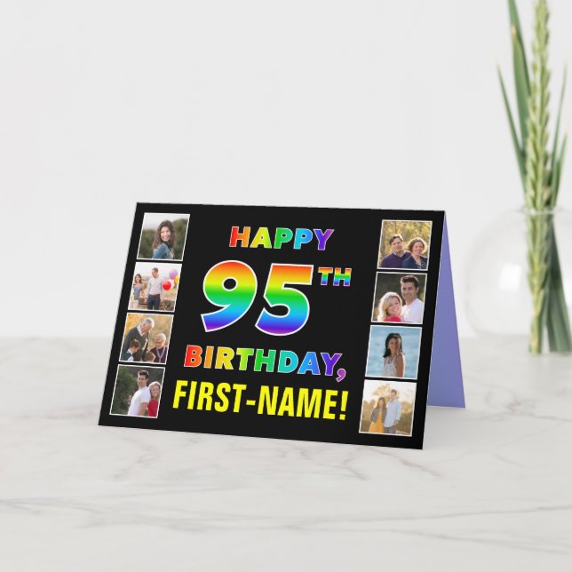 95th Birthday: Rainbow Text, Custom Photos & Name Card (Front)