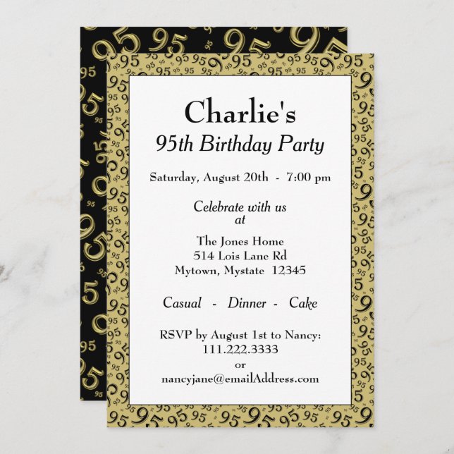 95th Birthday Random Number Pattern black/Gold Invitation (Front/Back)
