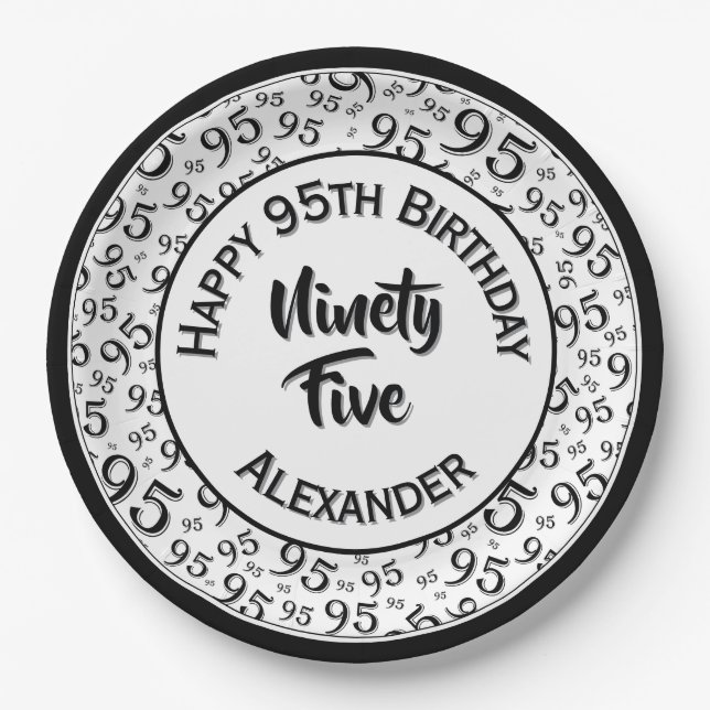 95th Birthday Random Number Pattern Black/White Paper Plate (Front)