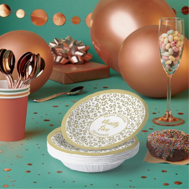 95th Birthday Random Number Pattern Gold/White Paper Plate (Multi)