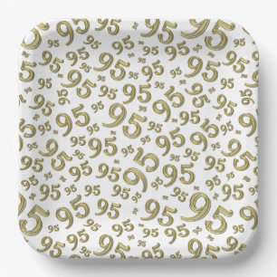 95th Birthday Random Number Pattern Gold/White Paper Plate