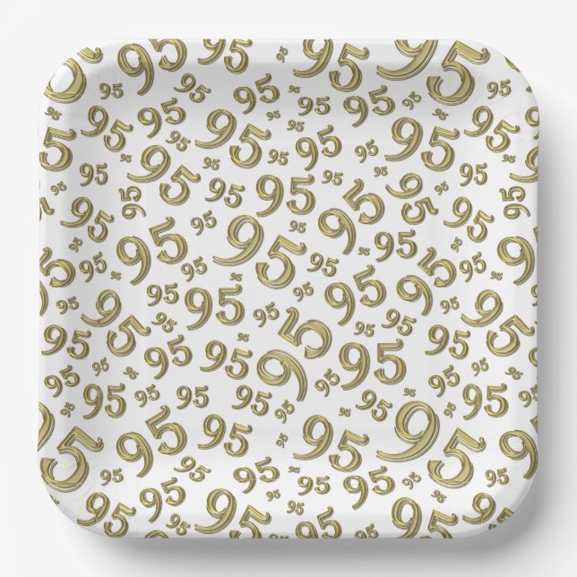 95th Birthday Random Number Pattern Gold/White Paper Plate (Front)