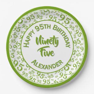 95th Birthday Random Number Pattern Green/White Paper Plate
