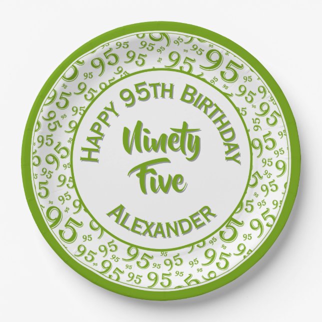 95th Birthday Random Number Pattern Green/White Paper Plate (Front)