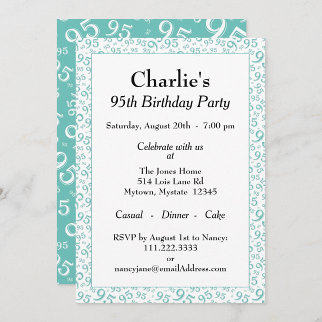 95th Birthday Random Number Pattern Teal/White Invitation (Front/Back)