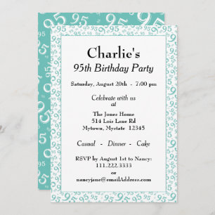 95th Birthday Random Number Pattern Teal/White Invitation