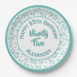 95th Birthday Random Number Pattern Teal/White Paper Plate