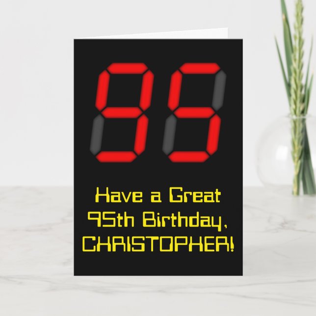 95th Birthday: Red Digital Clock Style "95" + Name Card (Front)