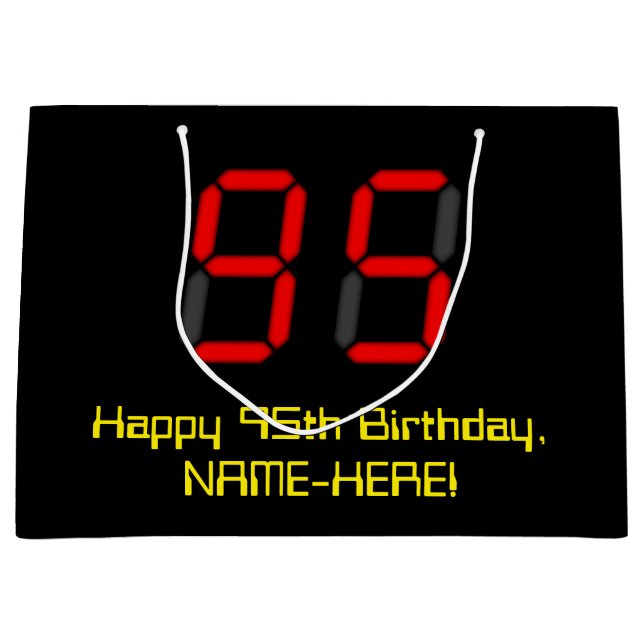 95th Birthday: Red Digital Clock Style "95" + Name Large Gift Bag (Front)
