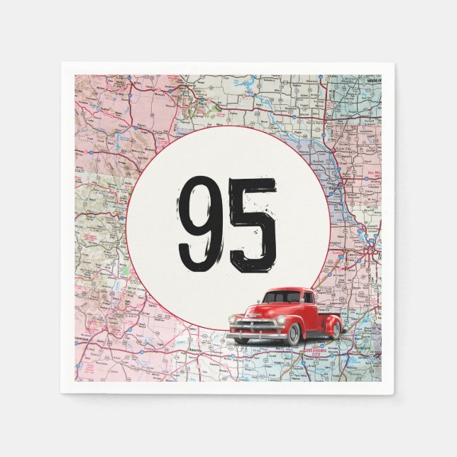 95th Birthday Red Retro Truck on Road Map  Napkin (Front)