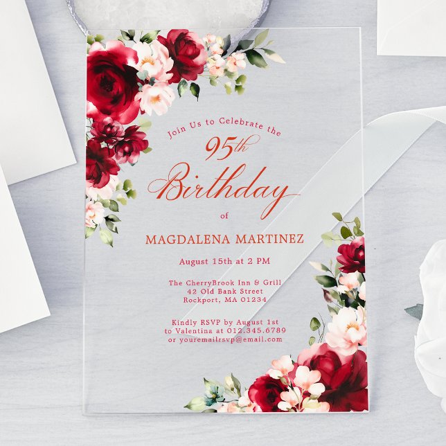 95th Birthday Red Rose Pink Peony Floral Acrylic Invitations (Creator Uploaded)