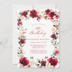 95th Birthday Red Rose Pink Peony Floral Invitation