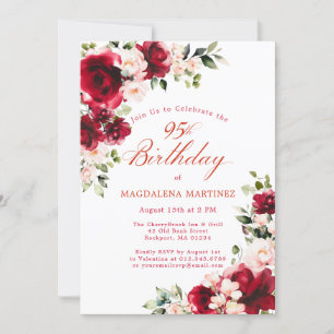 95th Birthday Red Rose Pink Peony Floral Invitation