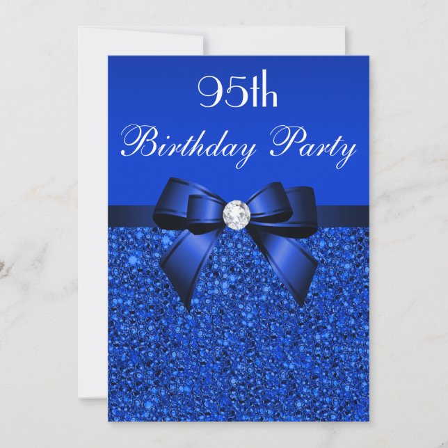 95th Birthday Royal Blue Sequins Bow and Diamond Invitation (Front)