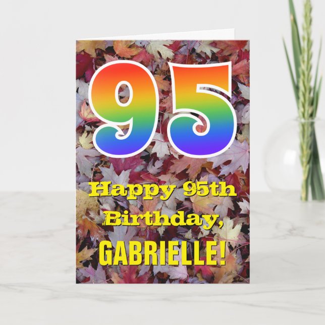 95th Birthday; Rustic Autumn Leaves; Rainbow "95" Card (Front)