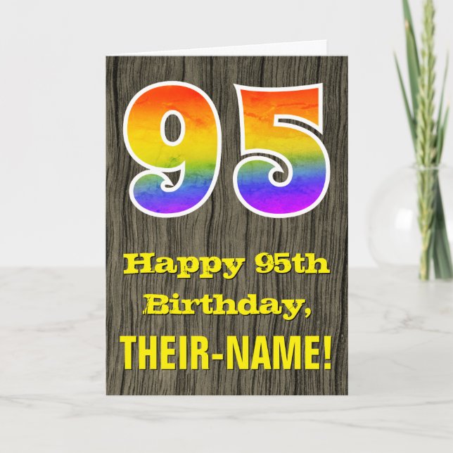 95th Birthday: Rustic Faux Wood Look, Rainbow "95" Card (Front)