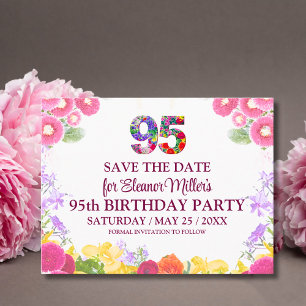 95th Birthday Save the Date, Blush Bloom Floral 95 Announcement Postcard