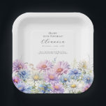 95th Birthday September Birth Flower  Paper Plate<br><div class="desc">Perfect table decor for a September birthday party. Aster is the birth flower for that month. It forms a pretty watercolor bottom border on this floral personalised paper plate. The birthday guest of honour's name, age and birthdate are placed above it using elegant calligraphy and typography. All text is editable....</div>