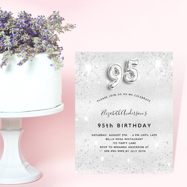 95th birthday silver glitter budget invitation (Creator Uploaded)