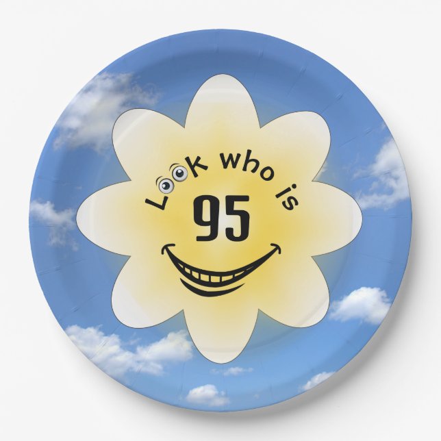 95th Birthday Summer Sunshine and Clouds Paper Plate (Front)