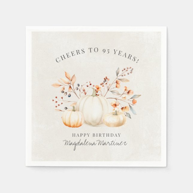 95th Birthday White Pumpkin Fall Leaves Custom Napkin (Front)