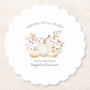 95th Birthday White Pumpkin Fall Leaves Custom Paper Coaster