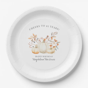 95th Birthday White Pumpkin Fall Leaves Custom Paper Plate