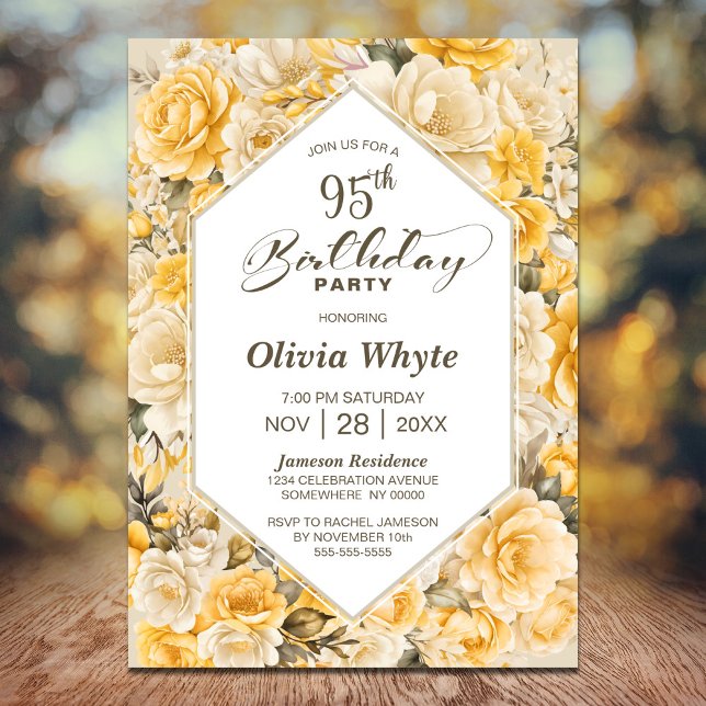 95th Birthday Yellow Rose Floral Party Invitation (Creator Uploaded)