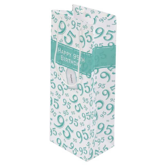 95th Happy Birthday Teal Random Number Pattern 95 Wine Gift Bag (Front Angled)