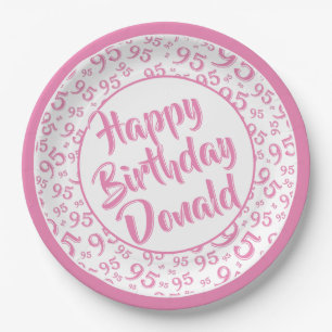 95th Party Random Number Pattern Pink/White Paper Plate