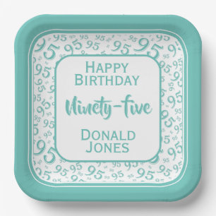 95th Party Random Number Pattern Teal/White Paper Plate