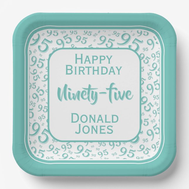 95th Party Random Number Pattern Teal/White Paper Plate (Front)