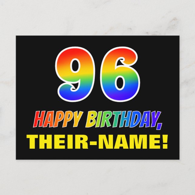 96th Birthday: Bold, Fun, Simple, Rainbow 96 Postcard (Front)