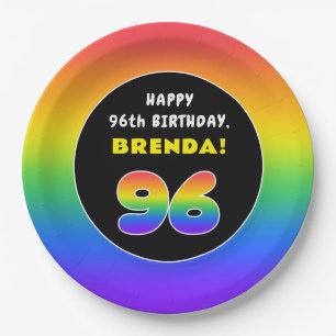 96th Birthday: Colorful Rainbow # 96, Custom Name Paper Plate