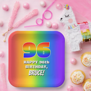 96th Birthday: Colourful, Fun Rainbow Pattern # 96 Paper Plate
