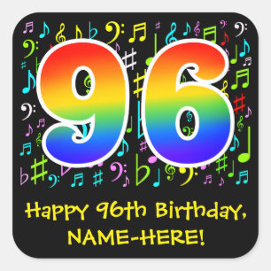 96th Birthday: Colourful Music Symbols, Rainbow 96 Square Sticker