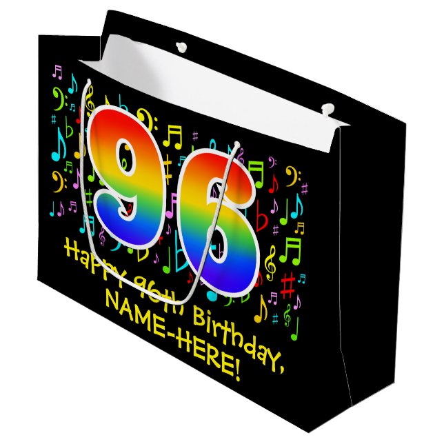 96th Birthday - Colourful Music Symbols, Rainbow 9 Large Gift Bag (Front Angled)