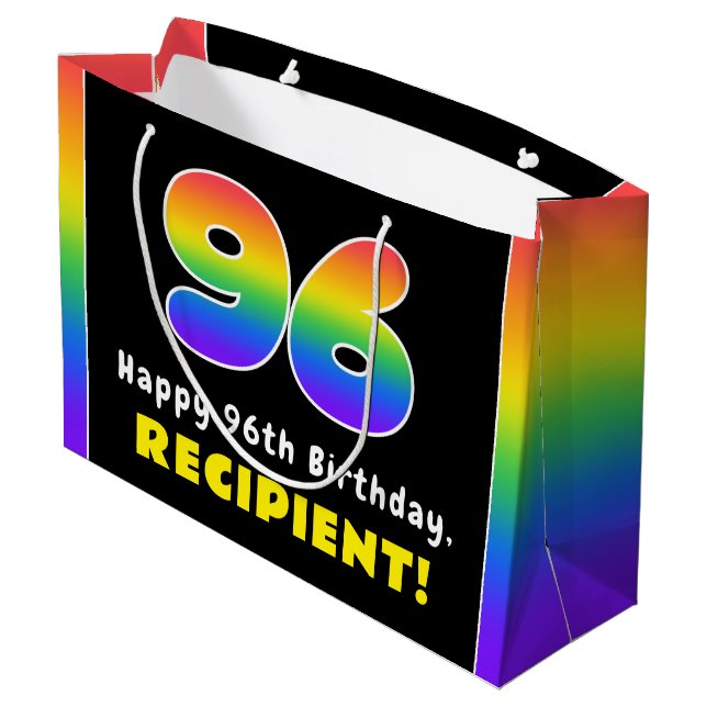 96th Birthday: Colourful Rainbow # 96, Custom Name Large Gift Bag (Back Angled)