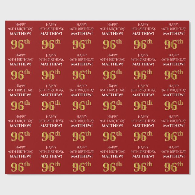 96th Birthday: Elegant, Red, Faux Gold Look Wrapping Paper (Flat)