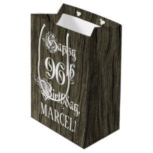 96th Birthday: Fancy, Faux Wood Look + Custom Name Medium Gift Bag