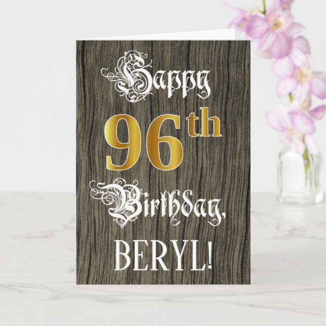 96th Birthday: Faux Gold Look + Faux Wood Pattern Card (Orchid)