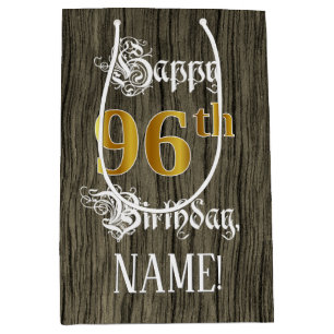 96th Birthday: Faux Gold Look & Faux Wood Pattern Medium Gift Bag