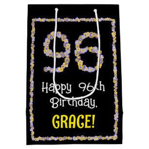 96th Birthday: Floral Flowers Number, Custom Name Medium Gift Bag